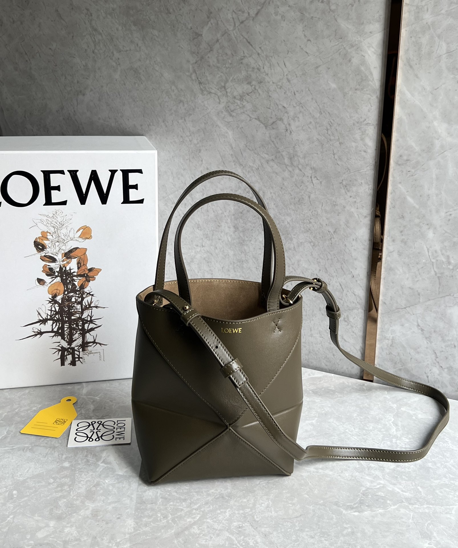 Loewe Mini Puzzle Fold Tote in Shiny Calfskin Forest Green